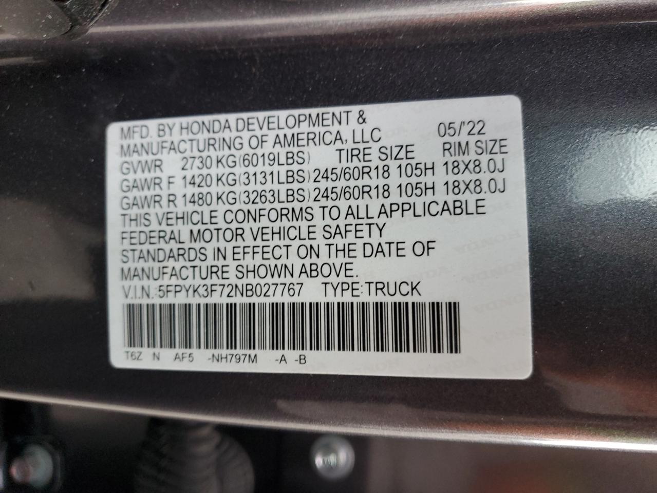 2022 HONDA RIDGELINE RTL VIN:5FPYK3F72NB027767