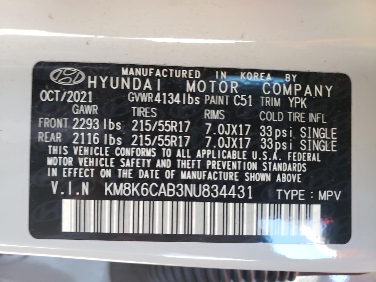 2022 HYUNDAI KONA SEL VIN:KM8K6CAB3NU834431