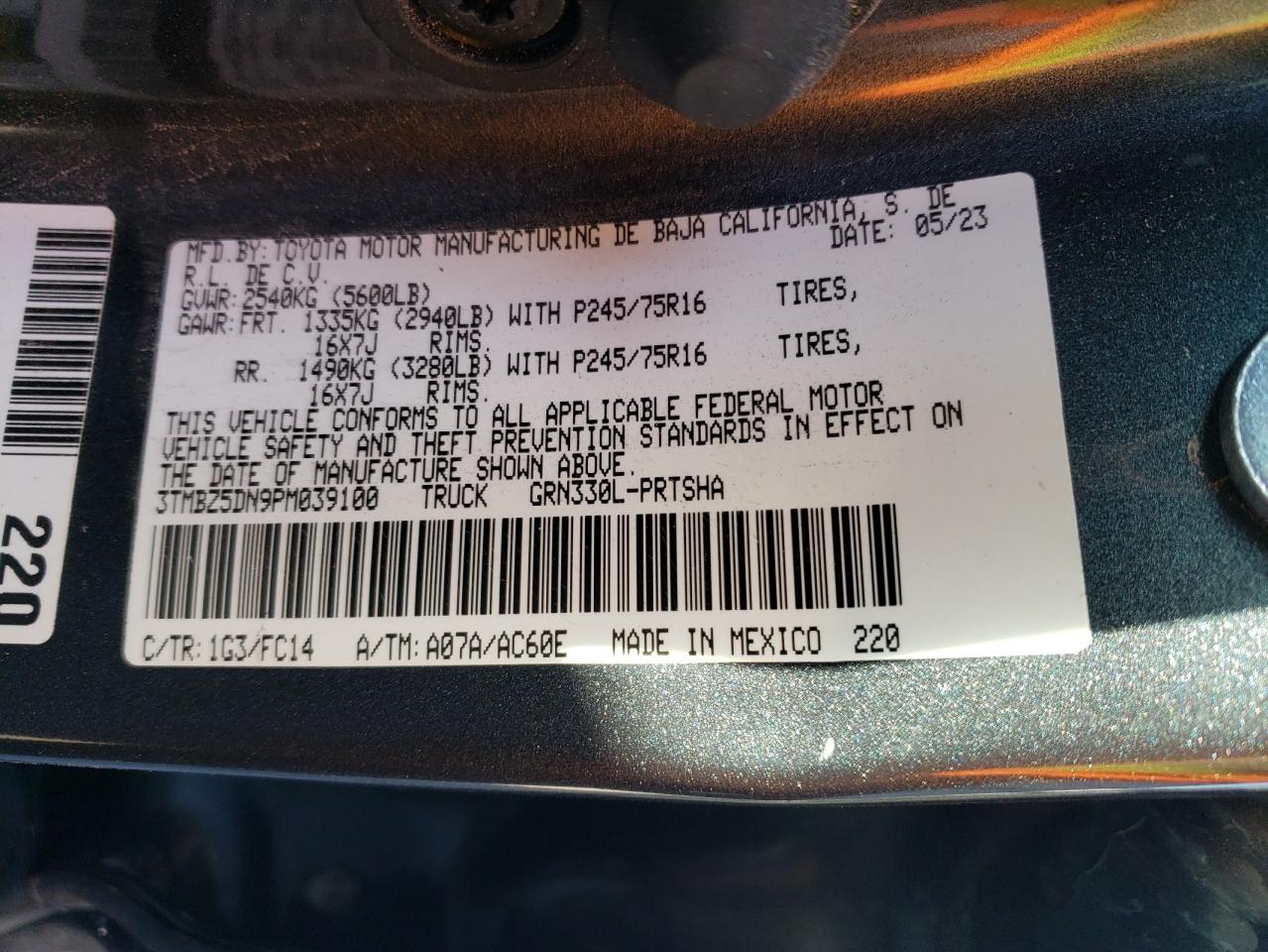 2023 TOYOTA TACOMA DOUBLE CAB VIN:3TMBZ5DN9PM039100