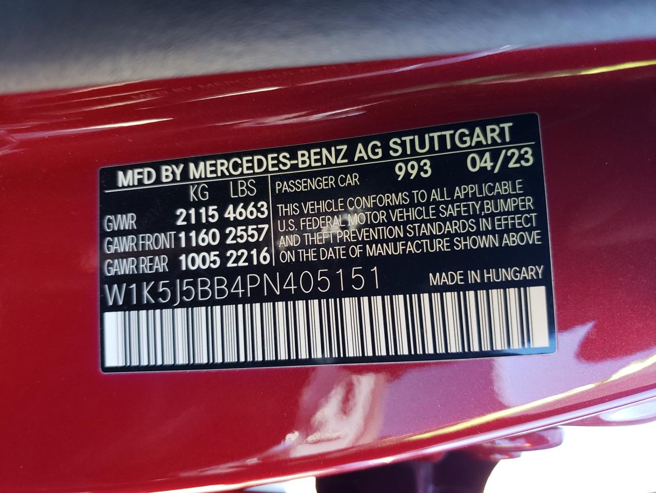 2023 MERCEDES-BENZ CLA AMG 35 4MATIC VIN:W1K5J5BB4PN405151