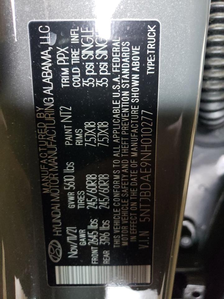 2022 HYUNDAI SANTA CRUZ SEL VIN:5NTJBDAE9NH010277