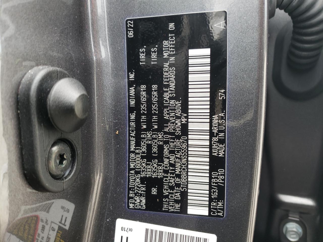 2022 TOYOTA HIGHLANDER HYBRID LE VIN:5TDBBRCH3NS559670