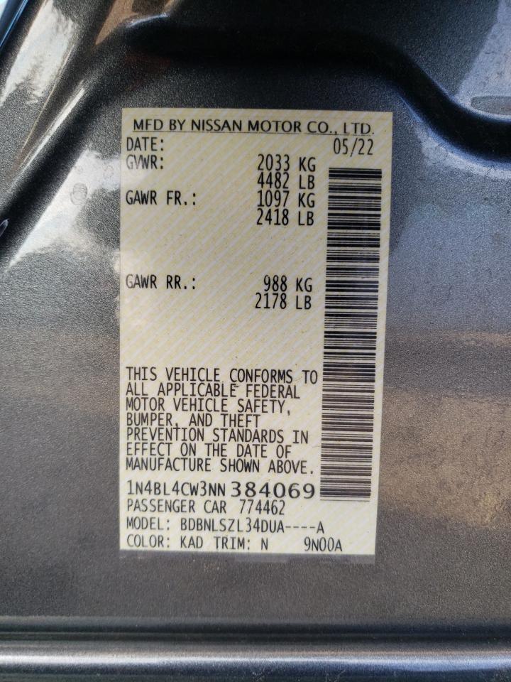 2022 NISSAN ALTIMA SR VIN:1N4BL4CW3NN384069