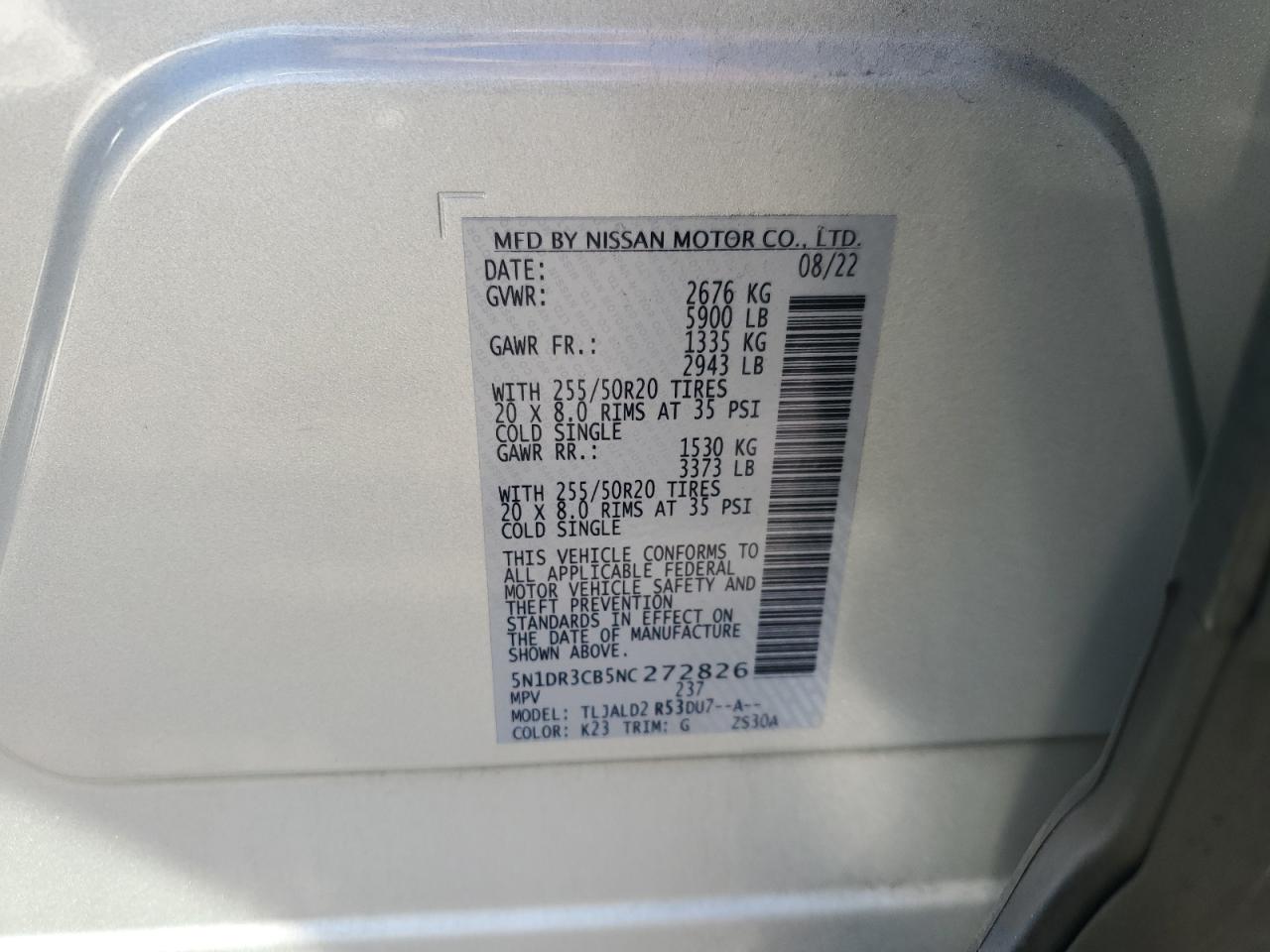 2022 NISSAN PATHFINDER SL VIN:5N1DR3CB5NC272826