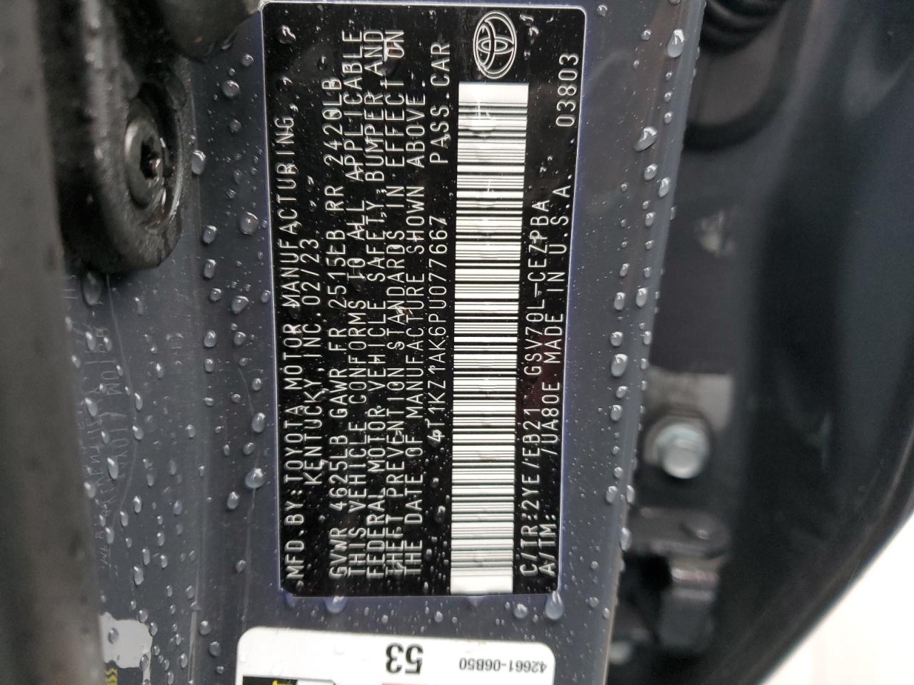 2023 TOYOTA CAMRY TRD VIN:4T1KZ1AK6PU077667