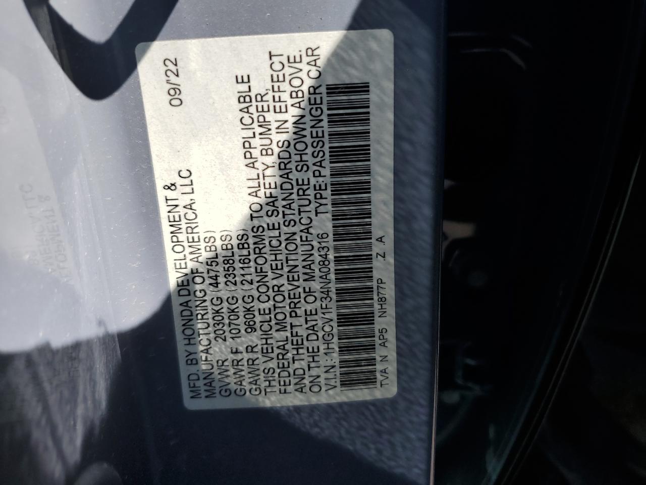 2022 HONDA ACCORD SPORT VIN:1HGCV1F34NA084316