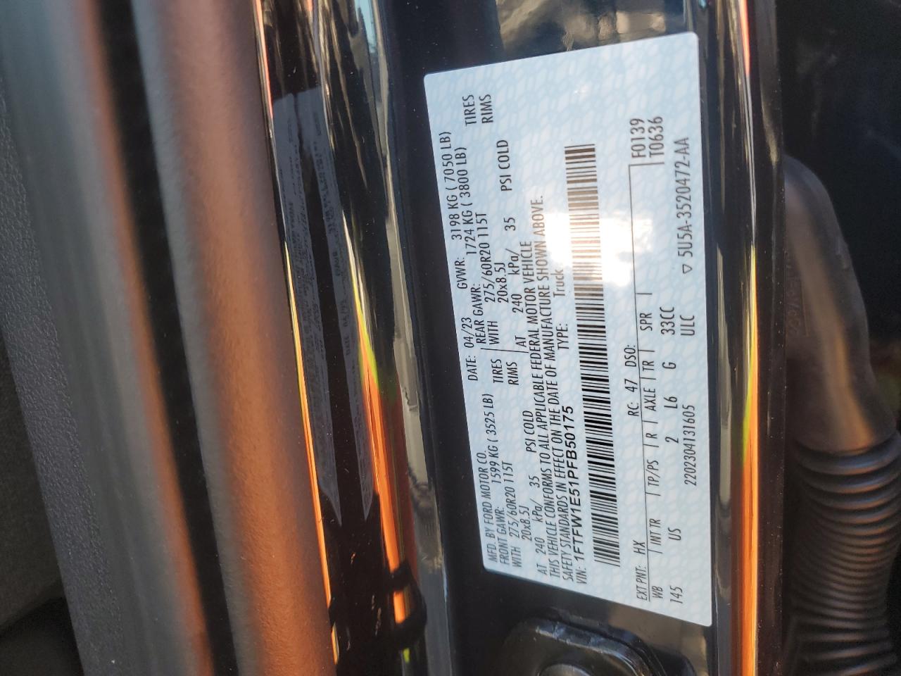 2023 FORD F150 SUPERCREW VIN:1FTFW1E51PFB50175