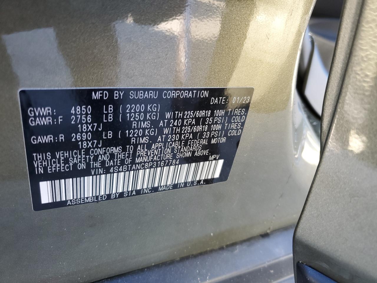 2023 SUBARU OUTBACK LIMITED VIN:4S4BTANC8P3167784