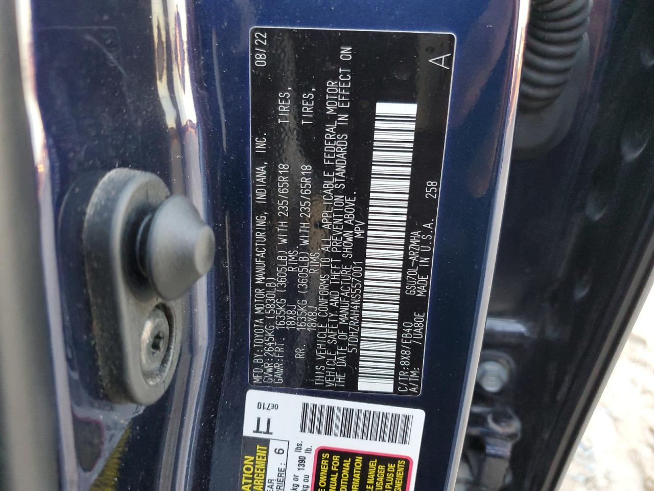 2022 TOYOTA HIGHLANDER XLE VIN:5TDHZRAH4NS557001