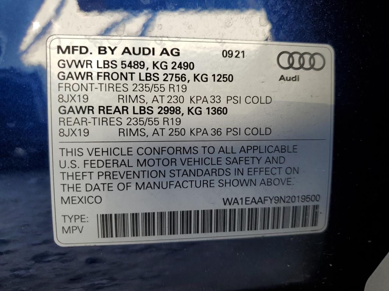 2022 AUDI Q5 PREMIUM PLUS 45 VIN:WA1EAAFY9N2019500