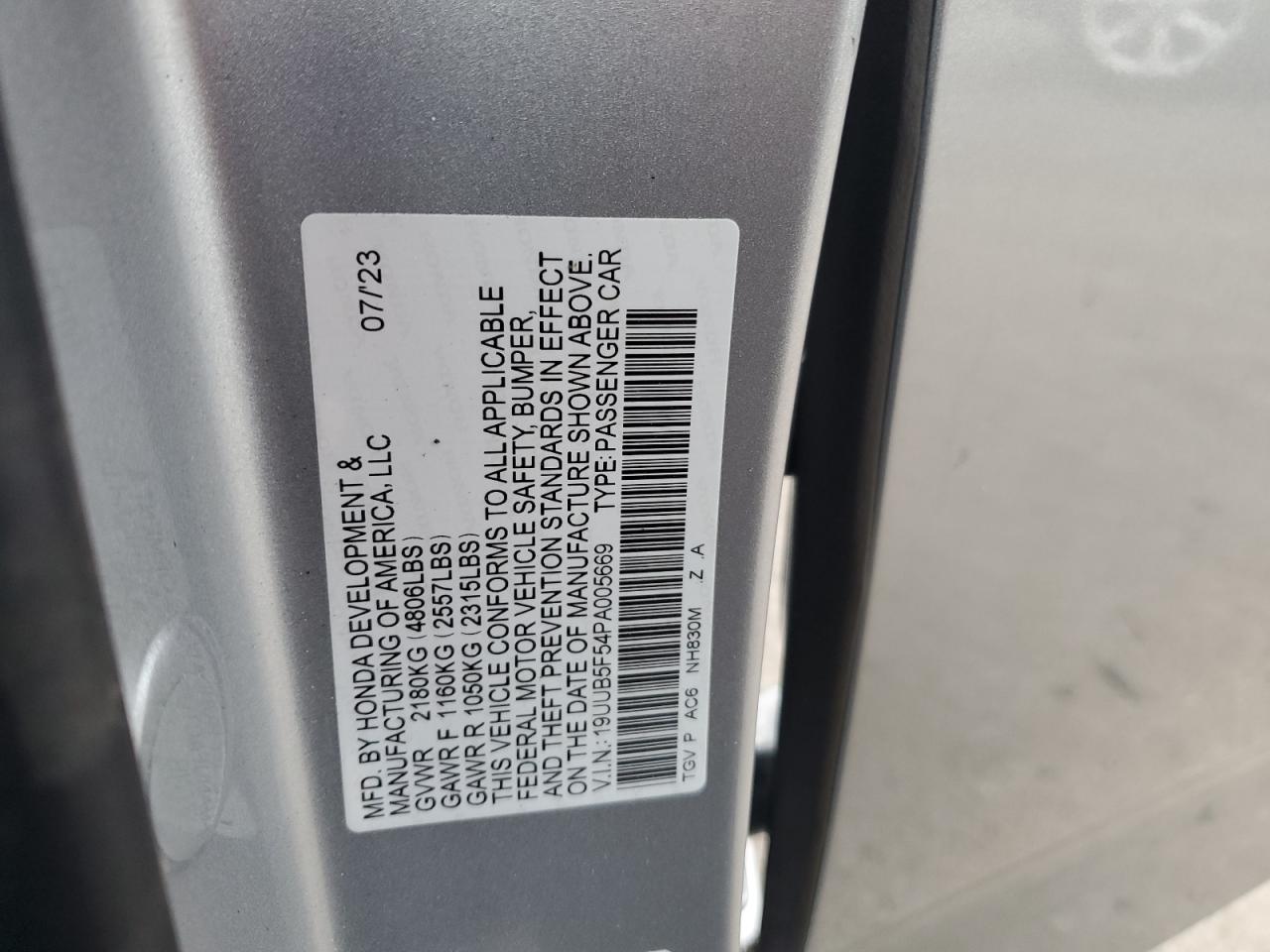 2023 ACURA TLX TECH A VIN:19UUB5F54PA005669