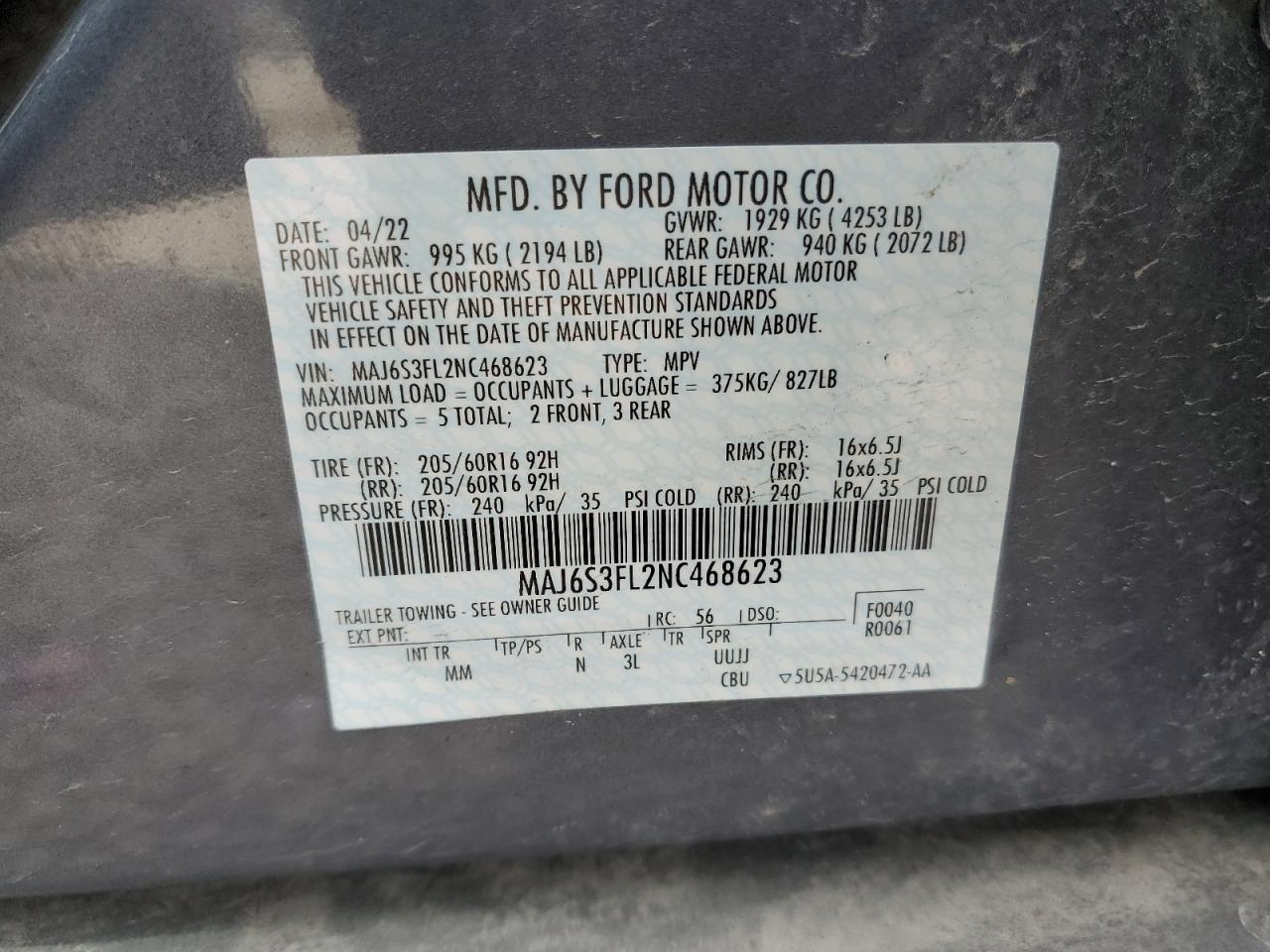 2022 FORD ECOSPORT S VIN:MAJ6S3FL2NC468623