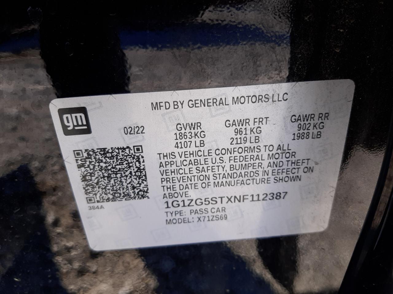 2022 CHEVROLET MALIBU RS VIN:60956463