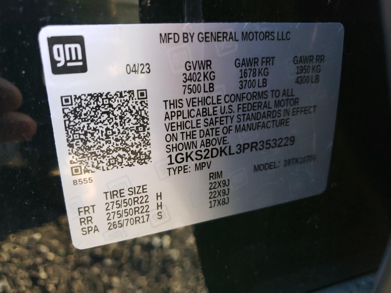 2023 GMC YUKON DENALI VIN:1GKS2DKL3PR353229