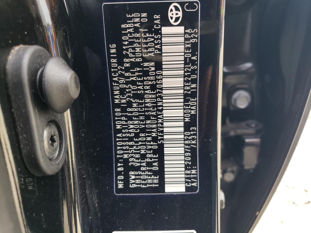 2022 TOYOTA COROLLA LE VIN:5YFVPMAE4NP370660