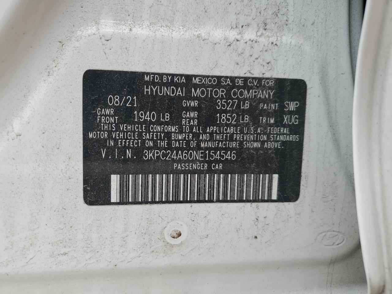 2022 HYUNDAI ACCENT SE VIN:3KPC24A60NE154546