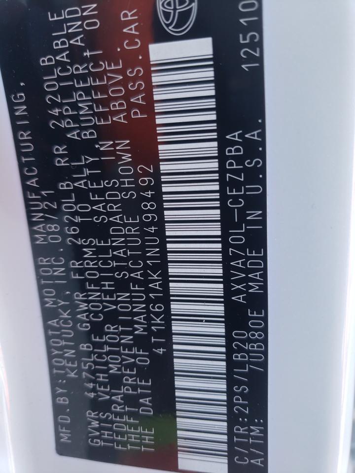 2022 TOYOTA CAMRY XSE VIN:4T1K61AK1NU498492