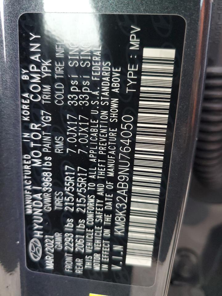 2022 HYUNDAI KONA SEL VIN:KM8K32AB9NU764050