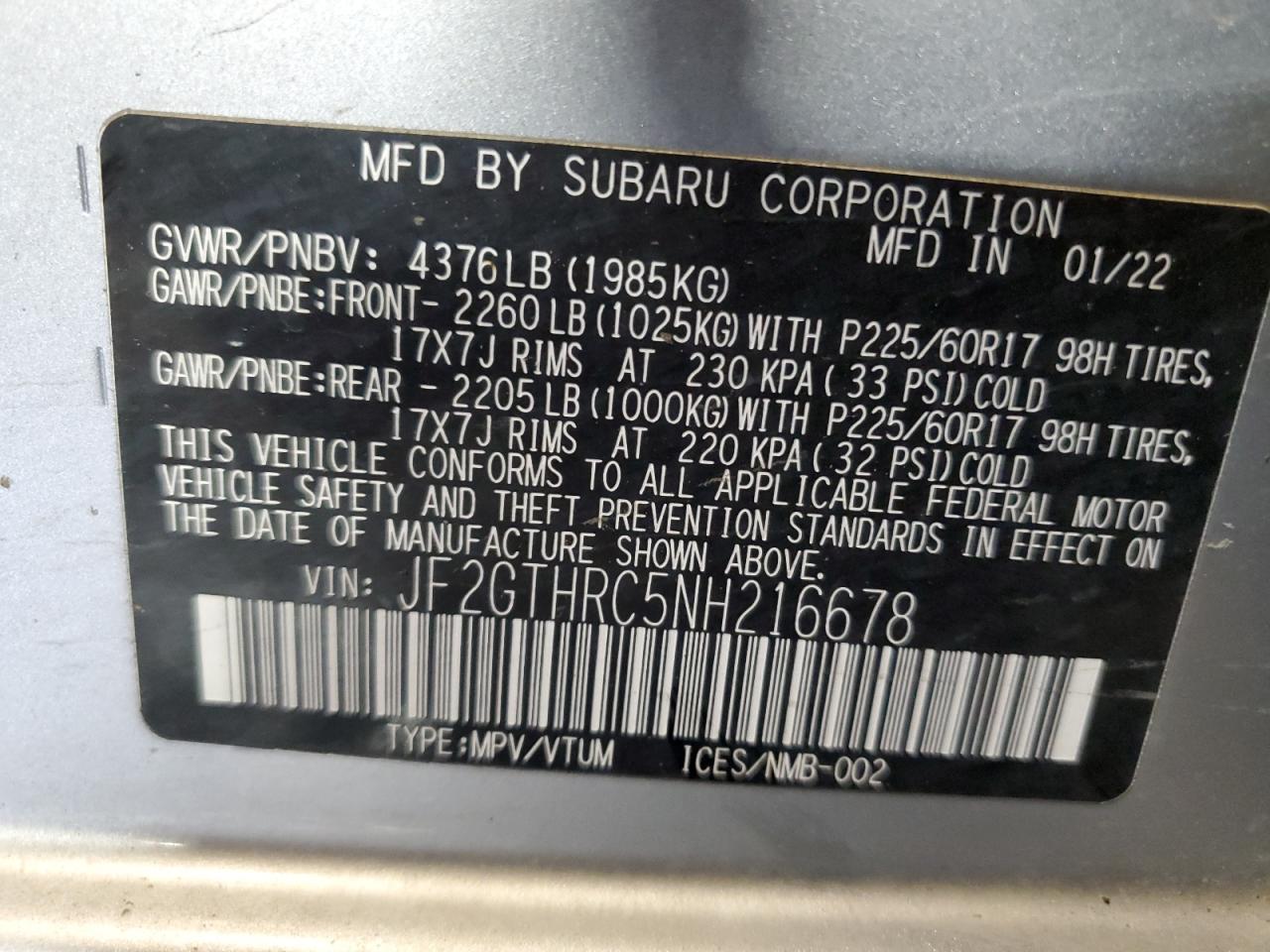 2022 SUBARU CROSSTREK SPORT VIN:JF2GTHRC5NH216678