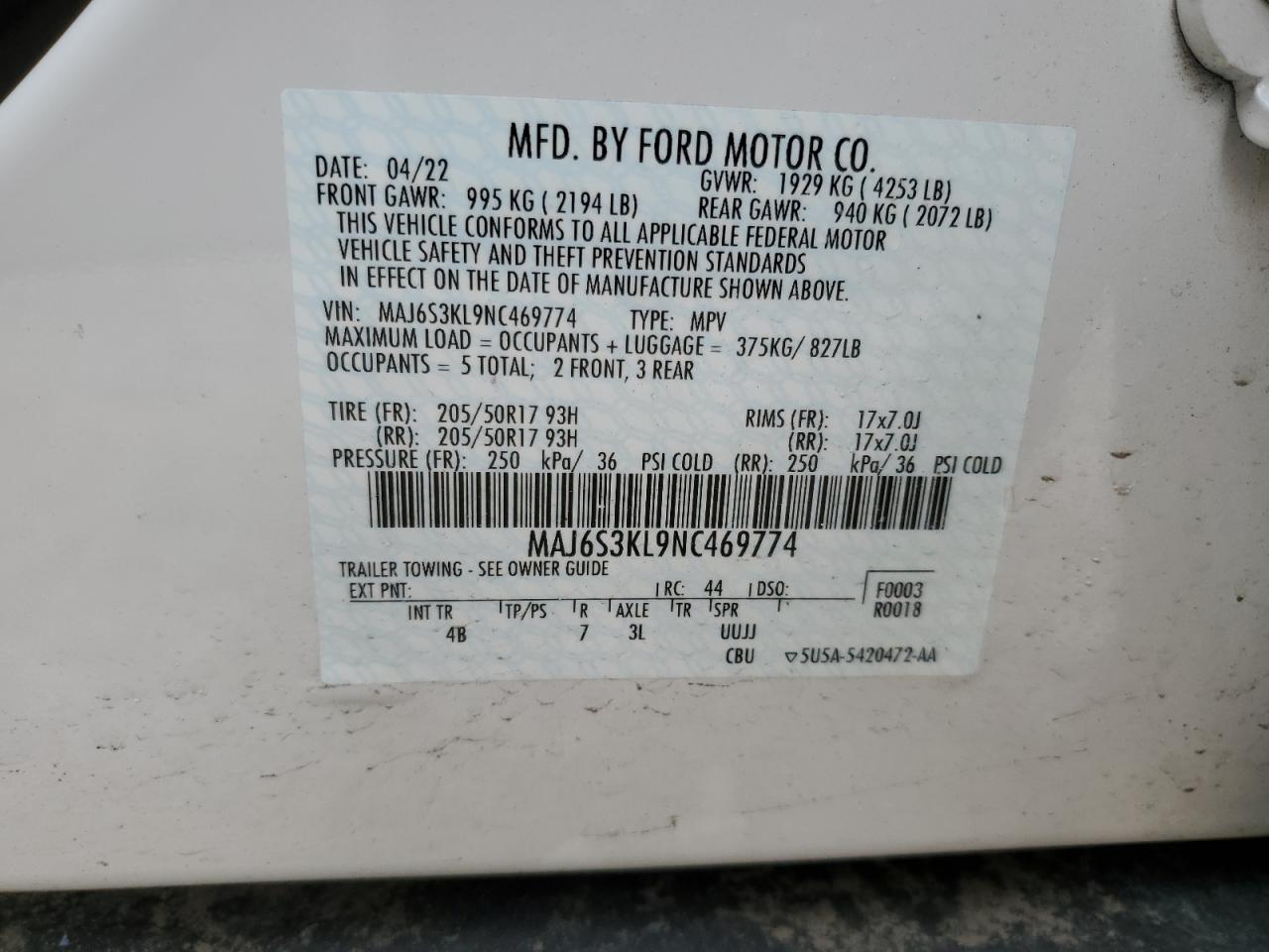 2022 FORD ECOSPORT TITANIUM VIN:MAJ6S3KL9NC469774