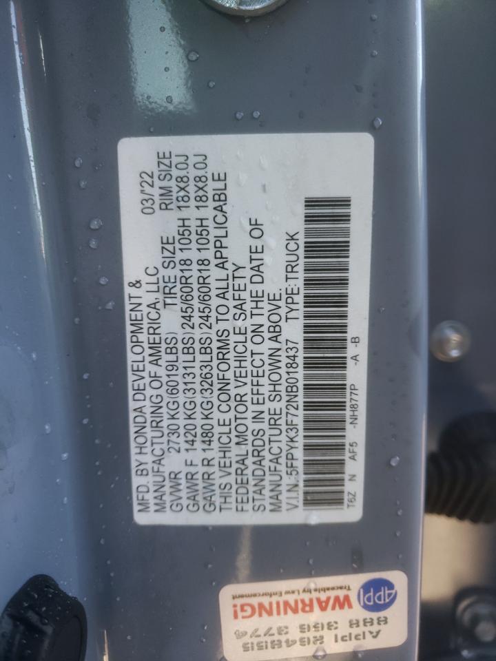 2022 HONDA RIDGELINE RTL VIN:5FPYK3F72NB018437