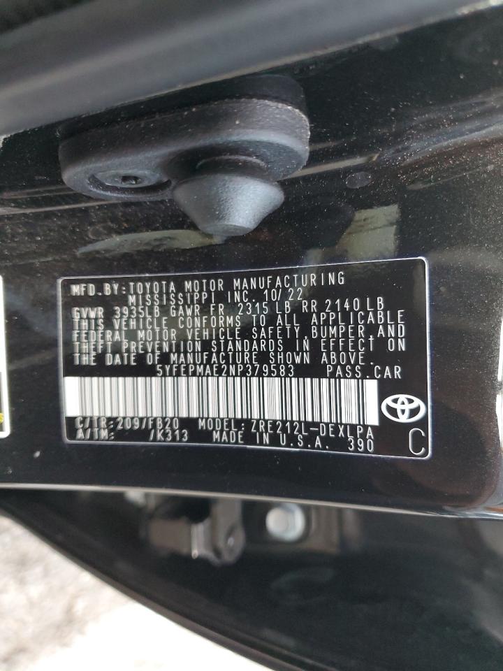 2022 TOYOTA COROLLA LE VIN:5YFEPMAE2NP379583