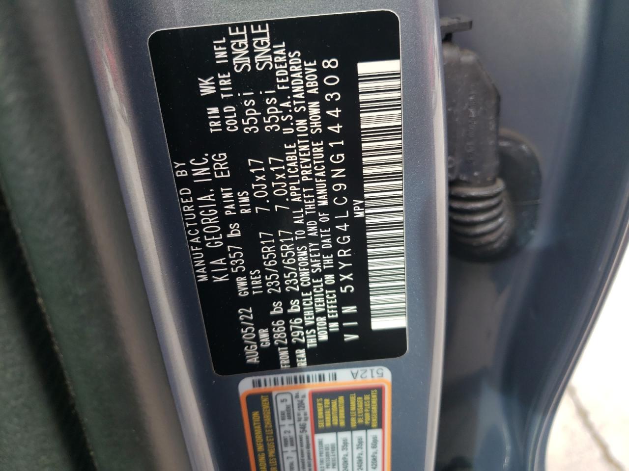 2022 KIA SORENTO LX VIN:5XYRG4LC9NG144308