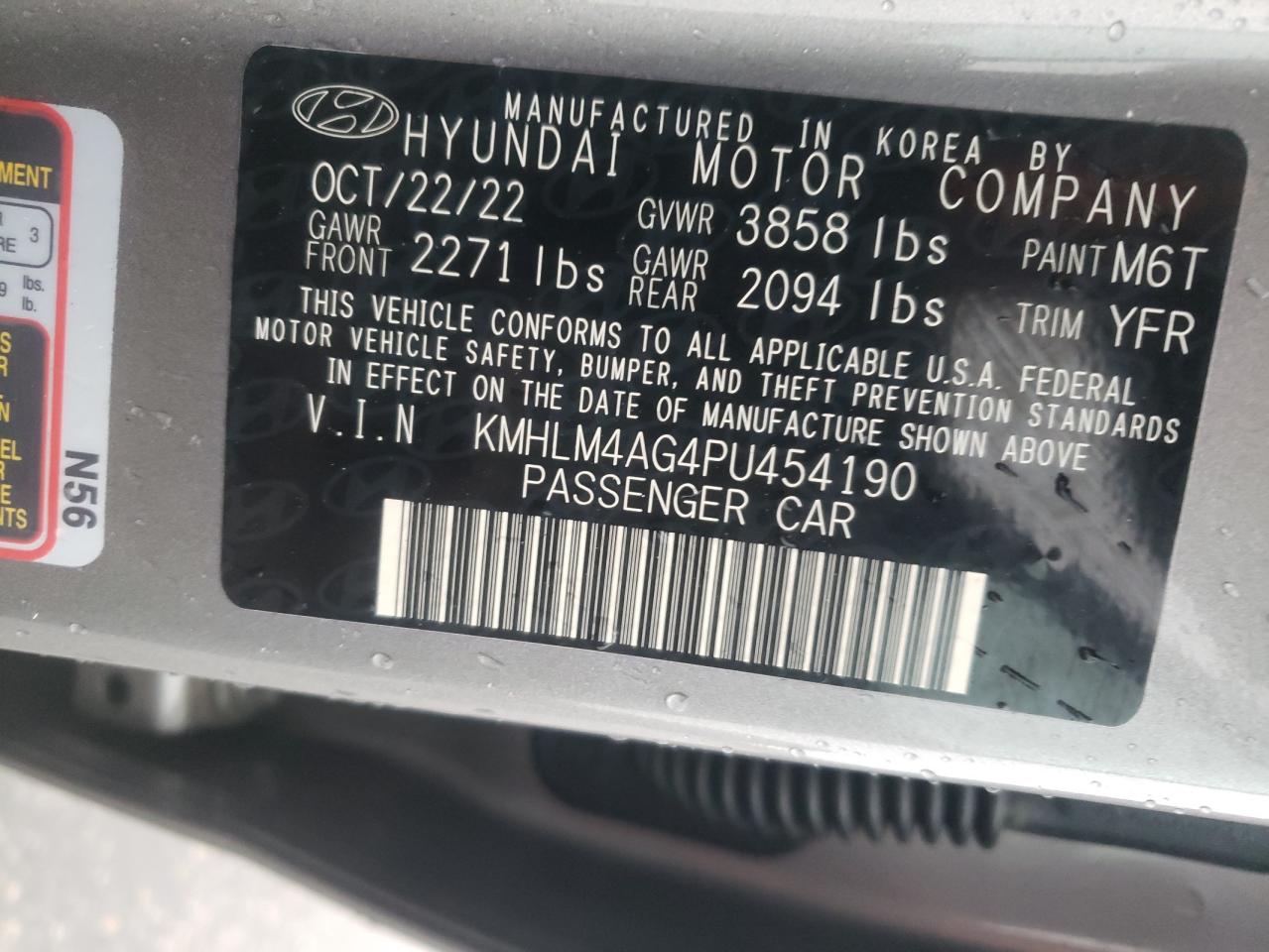 2023 HYUNDAI ELANTRA SEL VIN:KMHLM4AG4PU454190