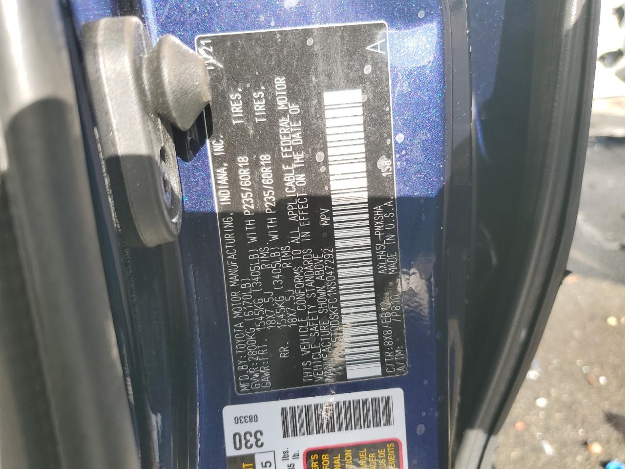 2022 TOYOTA SIENNA XSE VIN:5TDDSKFC1NS047292