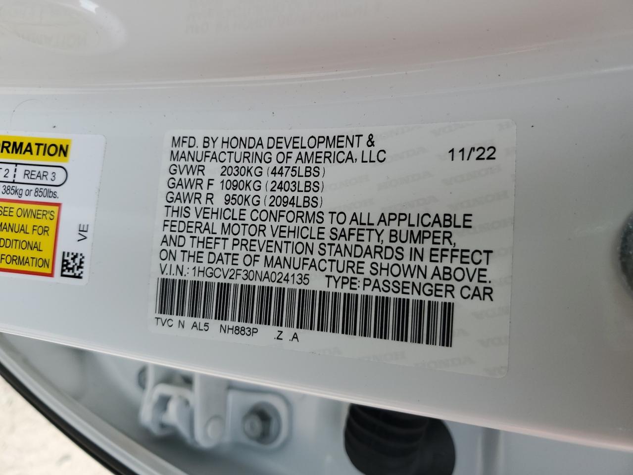 2022 HONDA ACCORD SPORT VIN:1HGCV2F30NA024135
