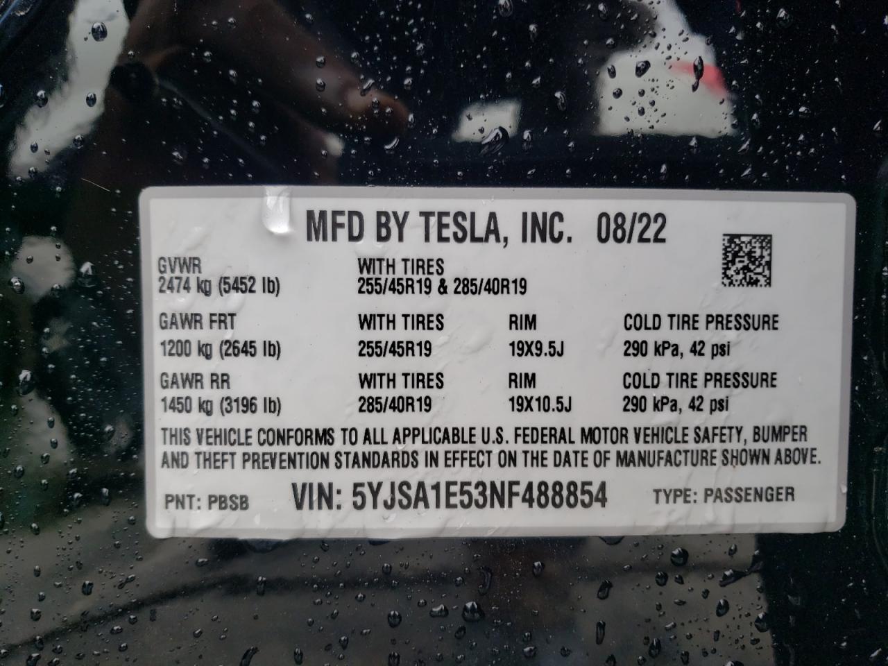 2022 TESLA MODEL S  VIN:5YJSA1E53NF488854