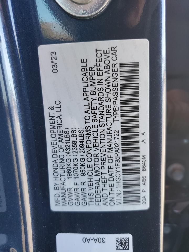 2023 HONDA ACCORD EX VIN:1HGCY1F35PA021722