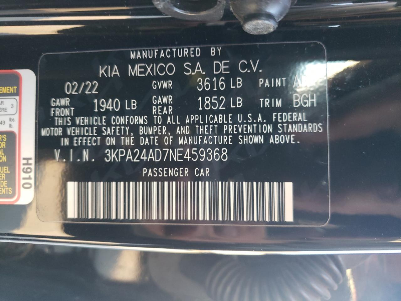2022 KIA RIO LX VIN:3KPA24AD7NE459368