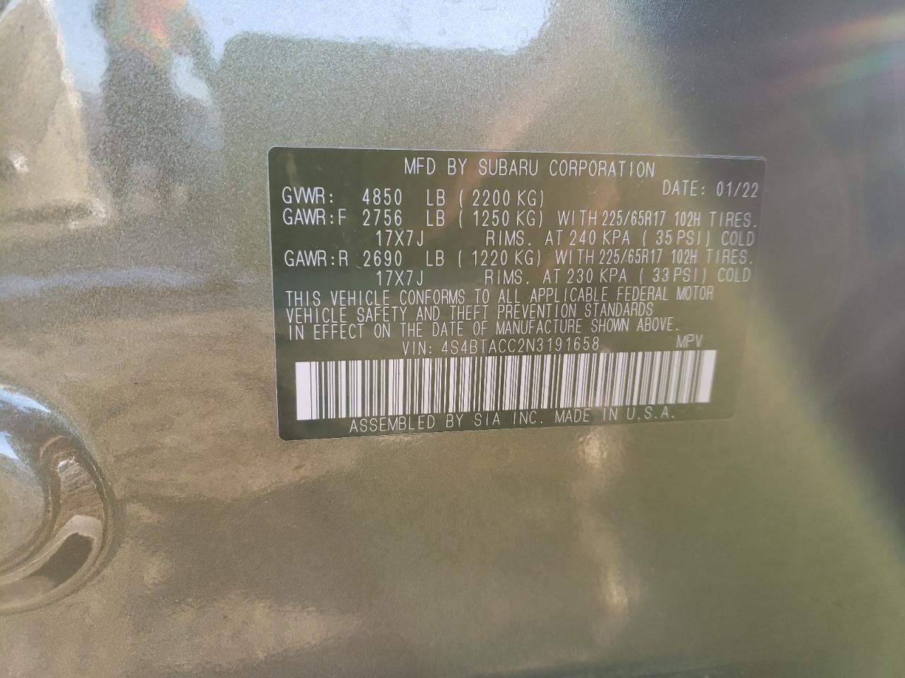 2022 SUBARU OUTBACK PREMIUM VIN:4S4BTACC2N3191658