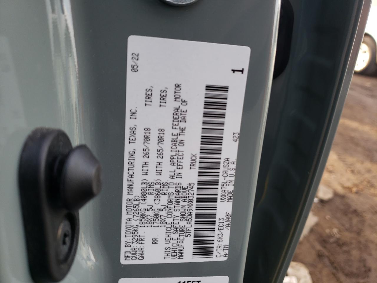 2022 TOYOTA TUNDRA DOUBLE CAB SR VIN:5TFLA5DA9NX032745