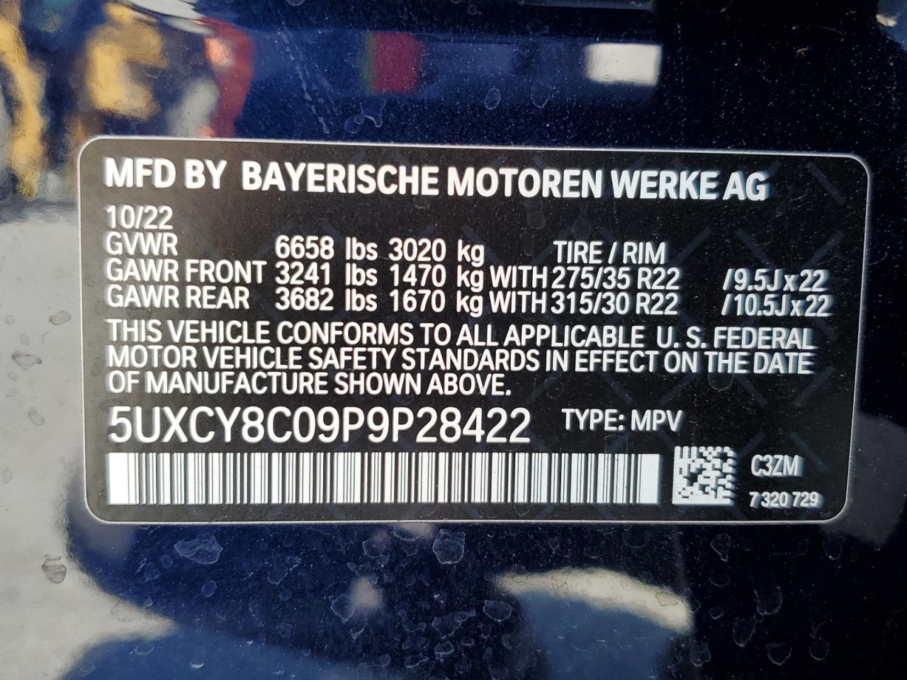 2023 BMW X6 M50I VIN:5UXCY8C09P9P28422