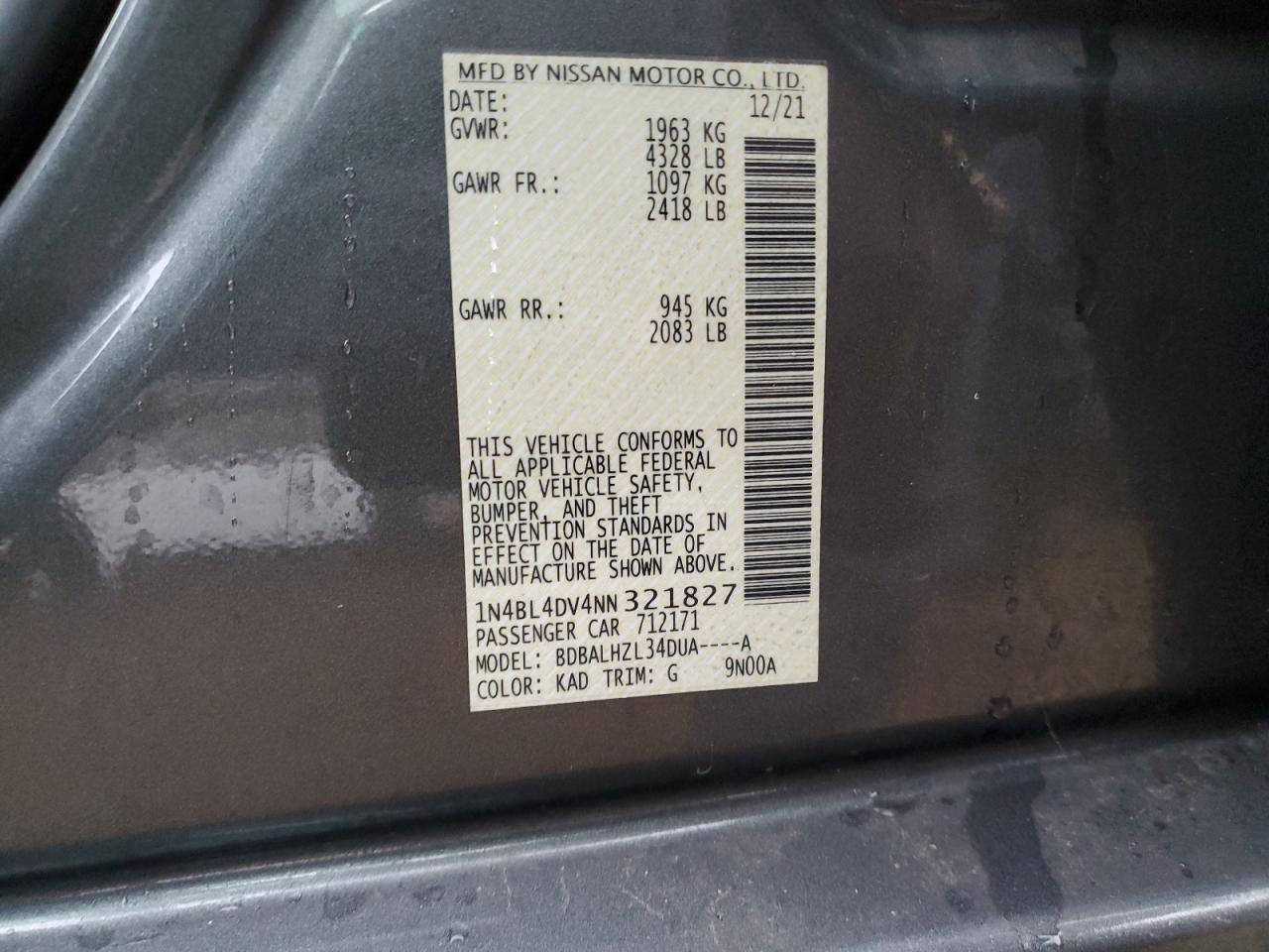 2022 NISSAN ALTIMA SV VIN:1N4BL4DV4NN321827