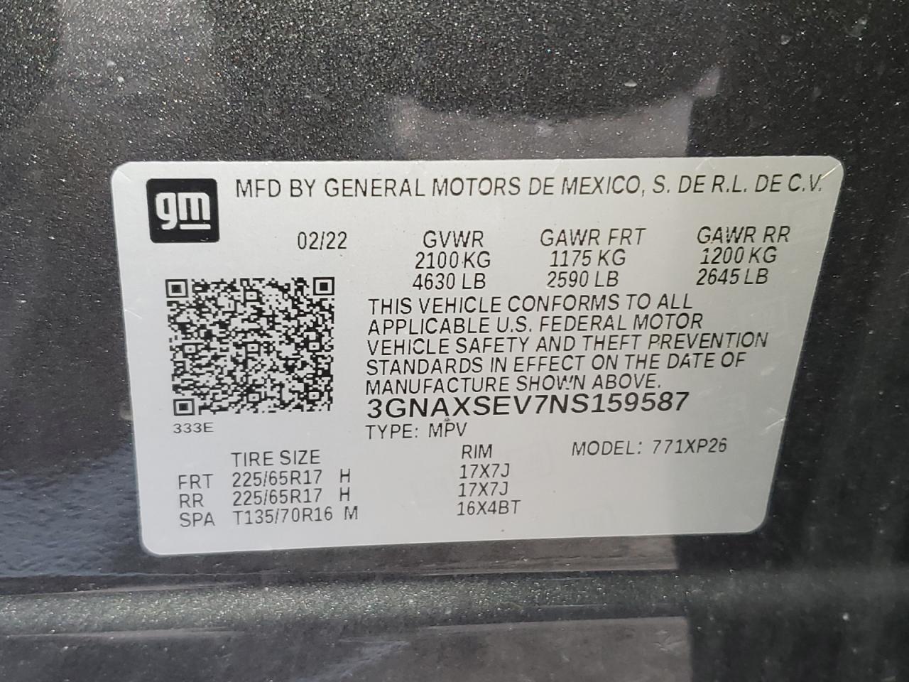 2022 CHEVROLET EQUINOX LS VIN:3GNAXSEV7NS159587