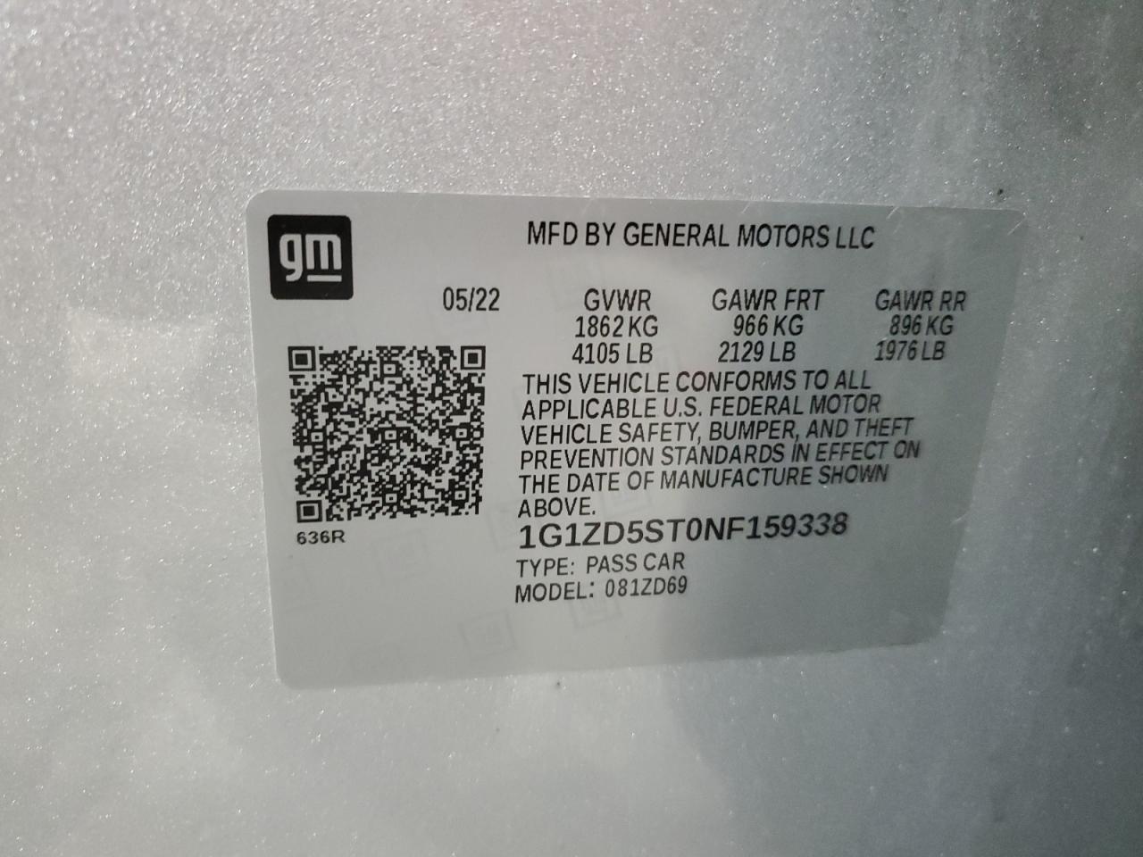 2022 CHEVROLET MALIBU LT VIN:1G1ZD5ST0NF159338