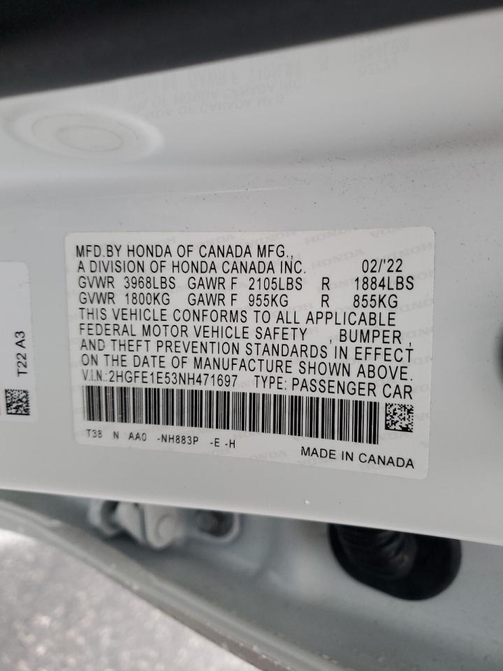 2022 HONDA CIVIC SI VIN:2HGFE1E53NH471697