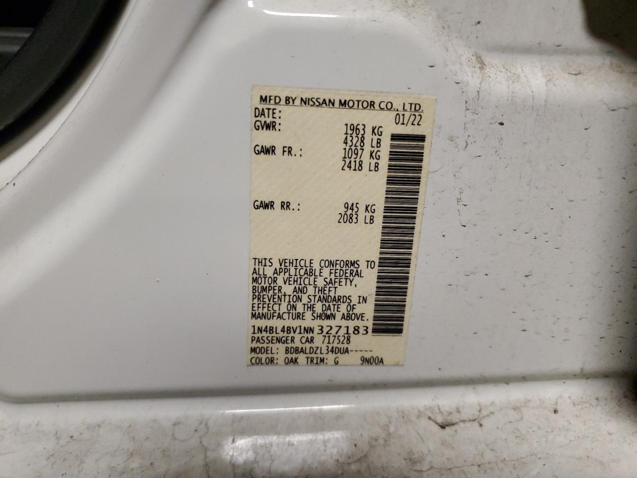 2022 NISSAN ALTIMA S VIN:1N4BL4BV1NN327183