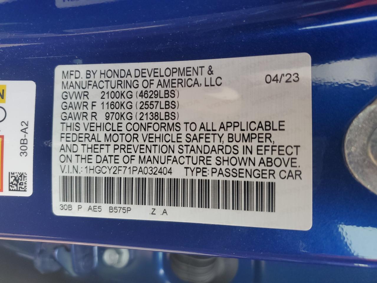 2023 HONDA ACCORD HYBRID SPORT-L VIN:1HGCY2F71PA032404