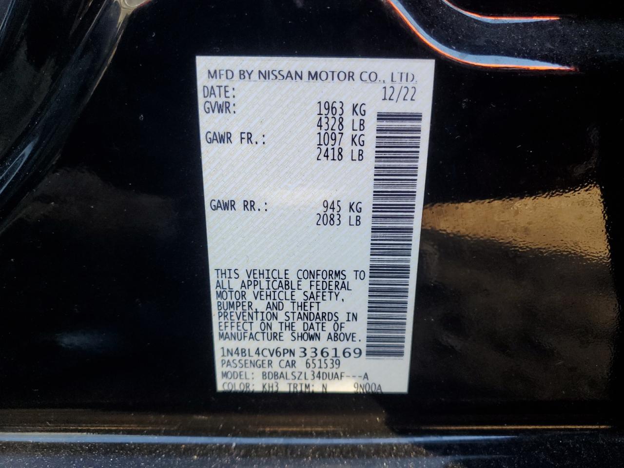 2023 NISSAN ALTIMA SR VIN:1N4BL4CV6PN336169