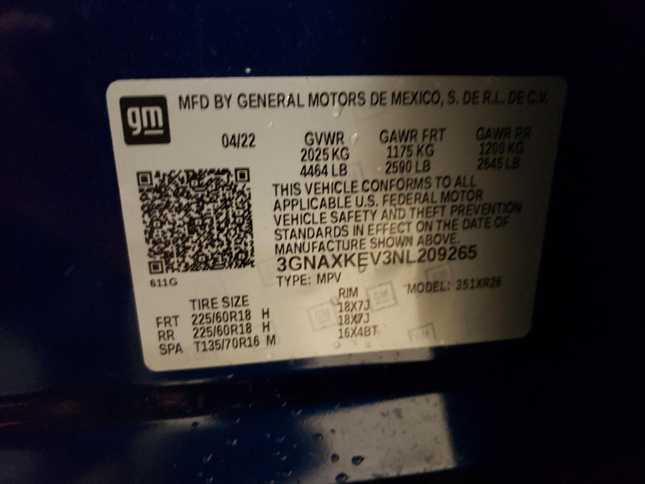 2022 CHEVROLET EQUINOX LT VIN:3GNAXKEV3NL209265