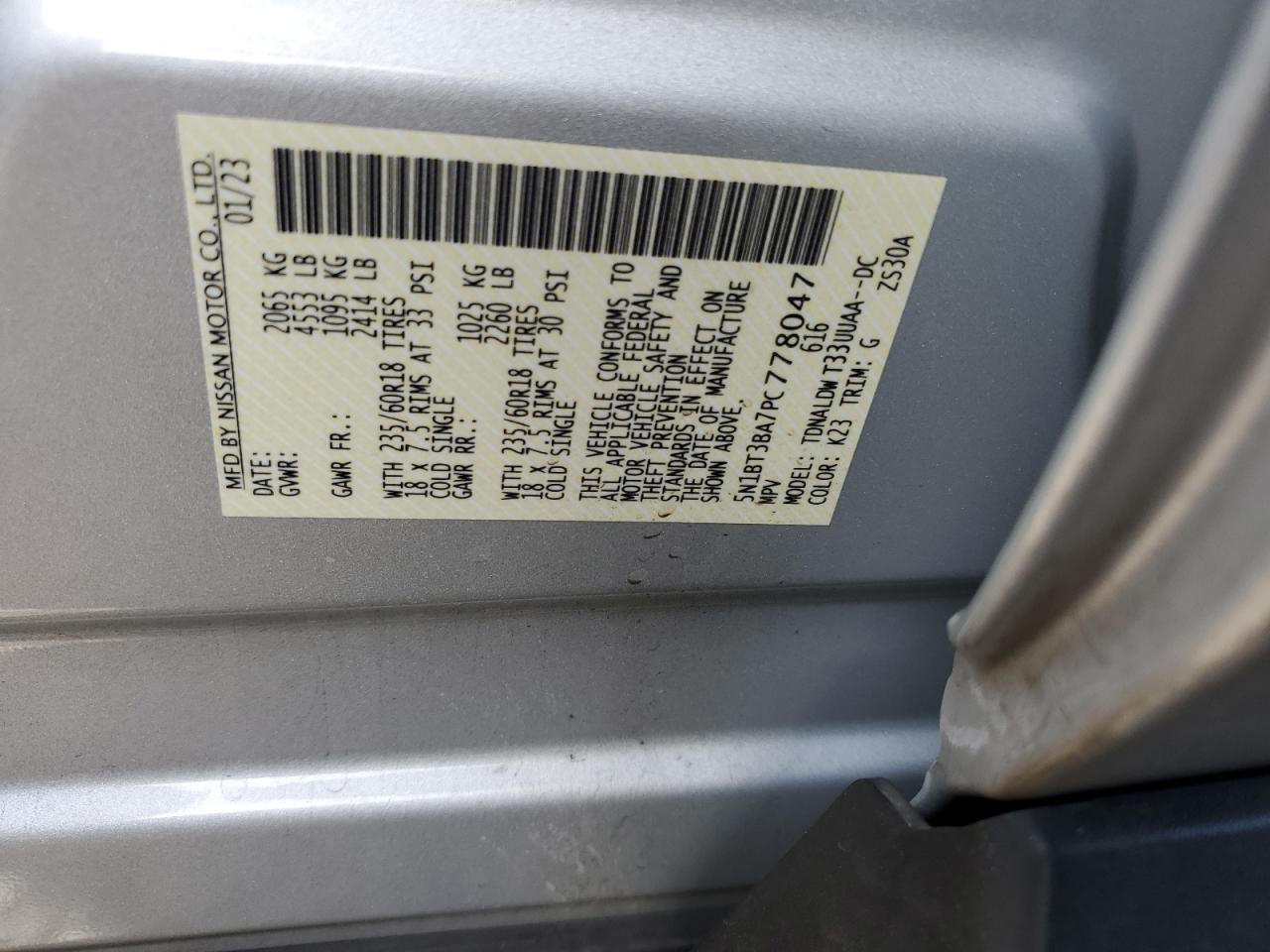 2023 NISSAN ROGUE SV VIN:5N1BT3BA7PC778047