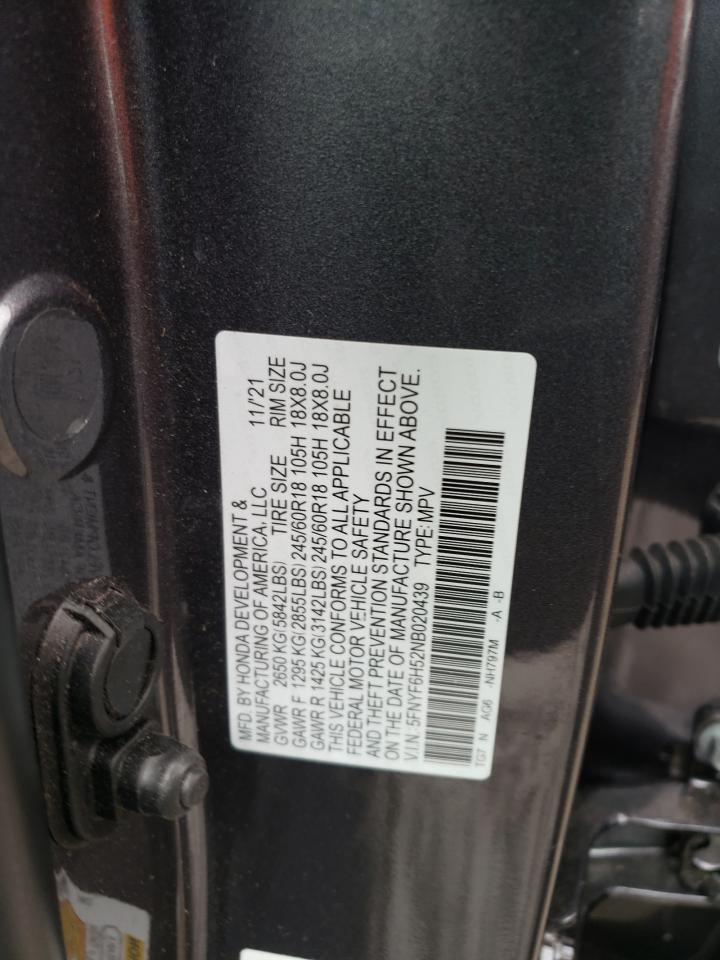 2022 HONDA PILOT EXL VIN:5FNYF6H52NB020439