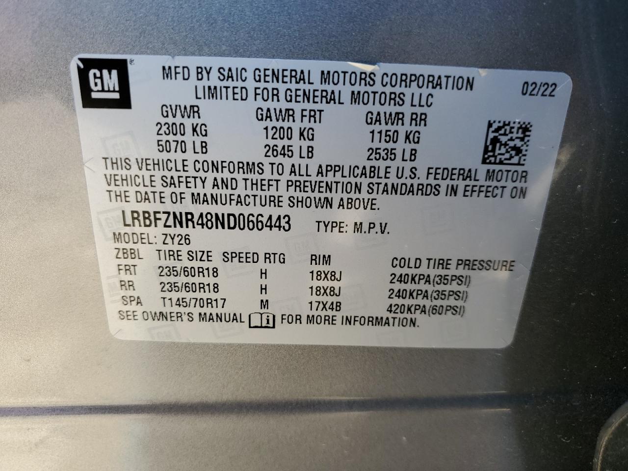 2022 BUICK ENVISION ESSENCE VIN:LRBFZNR48ND066443