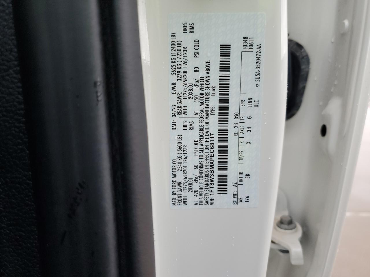 2023 FORD F350 SUPER DUTY VIN:1FT8W3BMXPEC68117