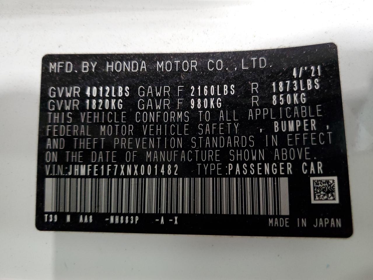 2022 HONDA CIVIC EX VIN:JHMFE1F7XNX001482