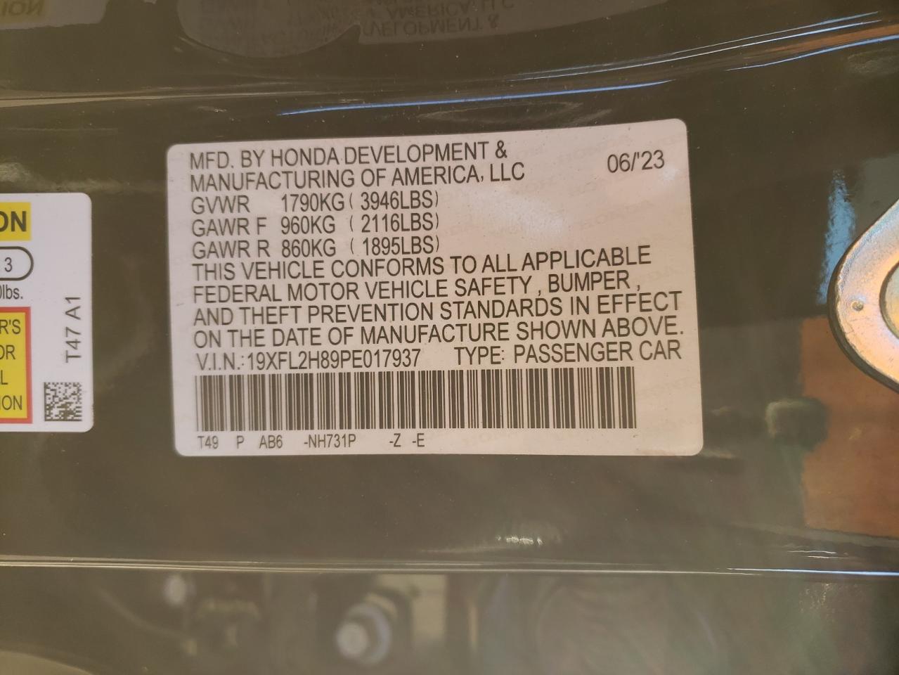 2023 HONDA CIVIC SPORT VIN:19XFL2H89PE017937